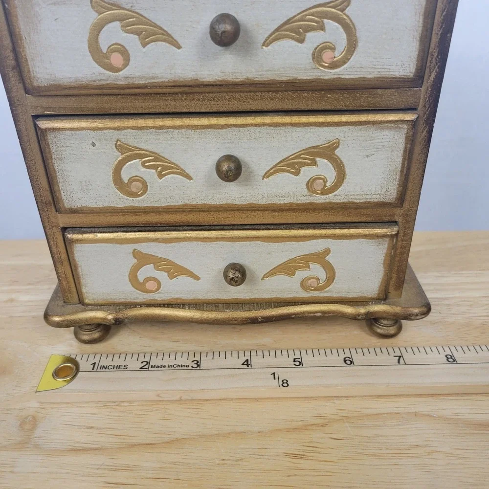 Vintage Florentine Musical Jewelry Box Gold Gilt Wood 3 Drawer Italian Style